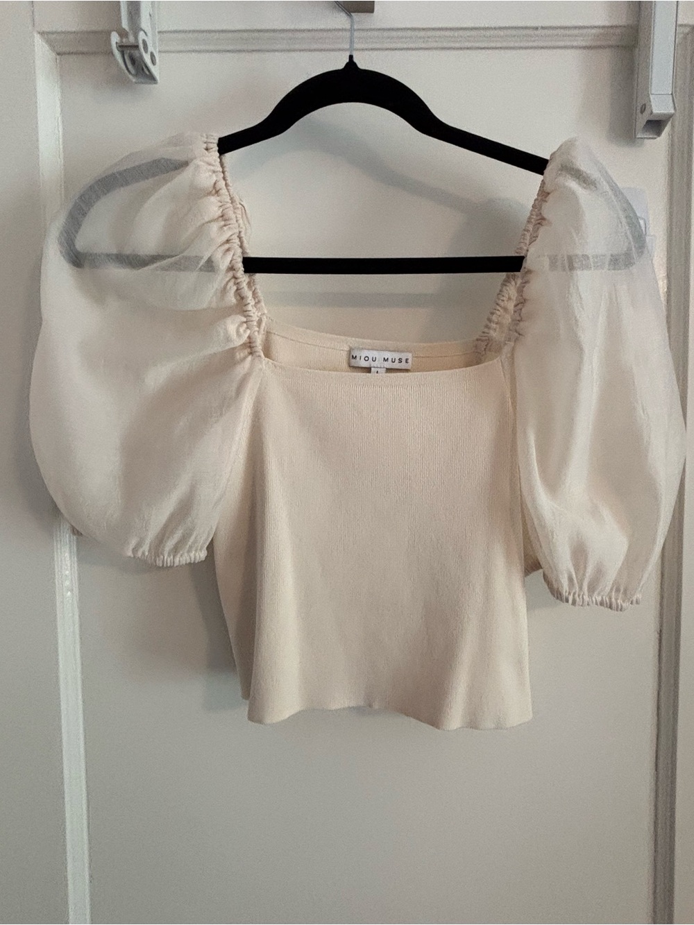 Miou Muse Cream Square-Neck Puff-Sleeve Crop Top